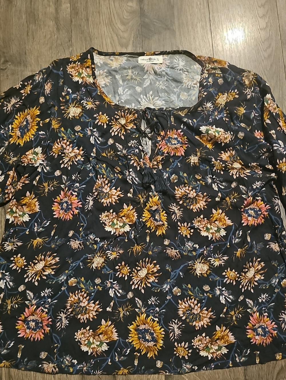 NATURAL LIFE Blouse Floral Tie-Neck Black Large Women 3/4 Sleeve Boho